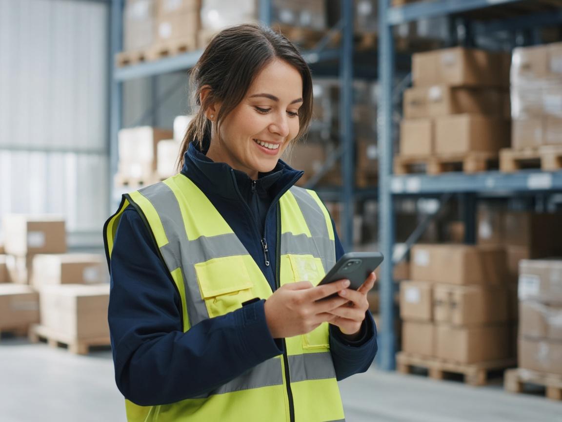 Female logistics employee using a smartphone in a modern warehouse