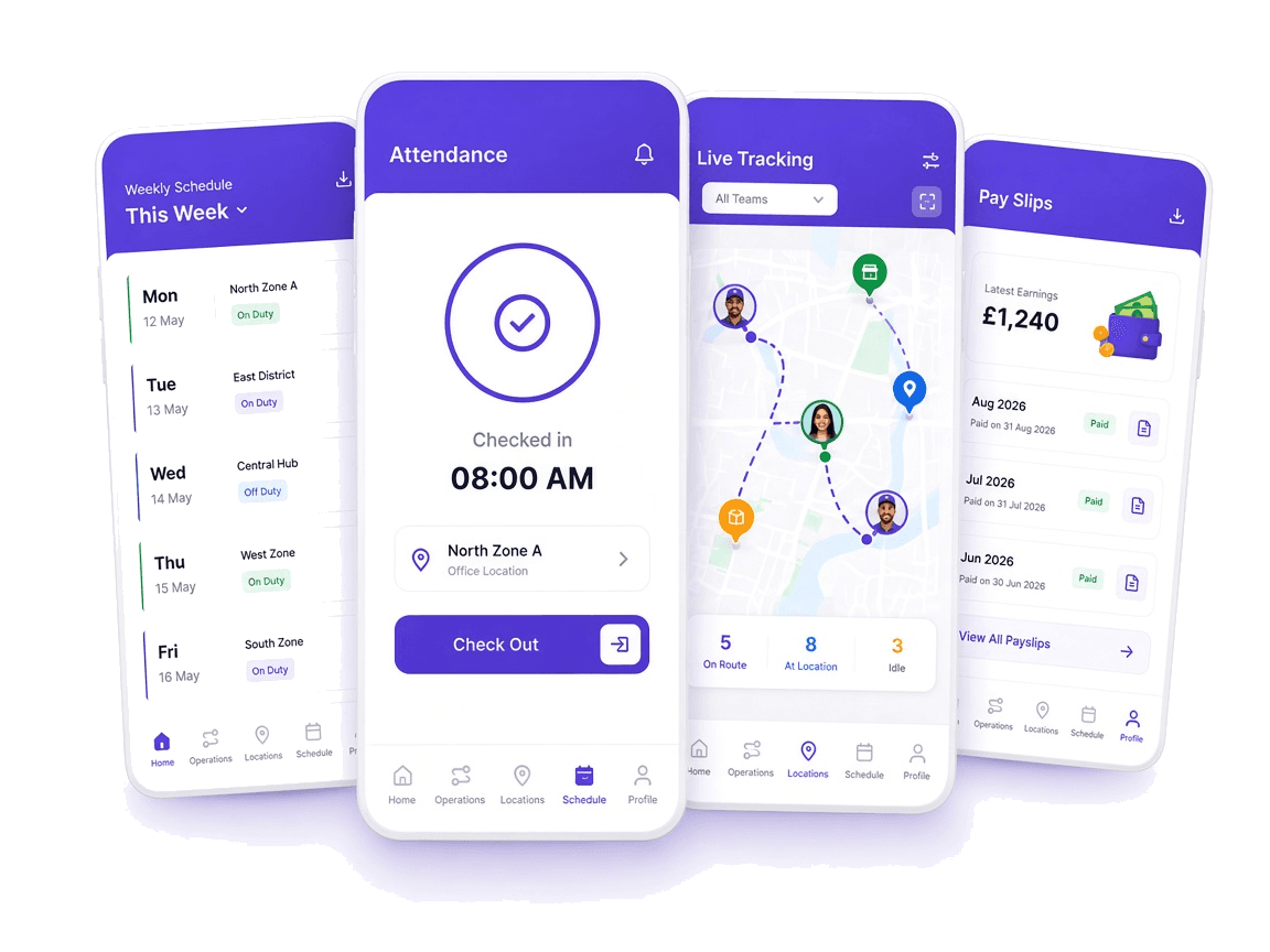 UdoDrop mobile app screens for weekly schedule, attendance check-in, live tracking and pay slips