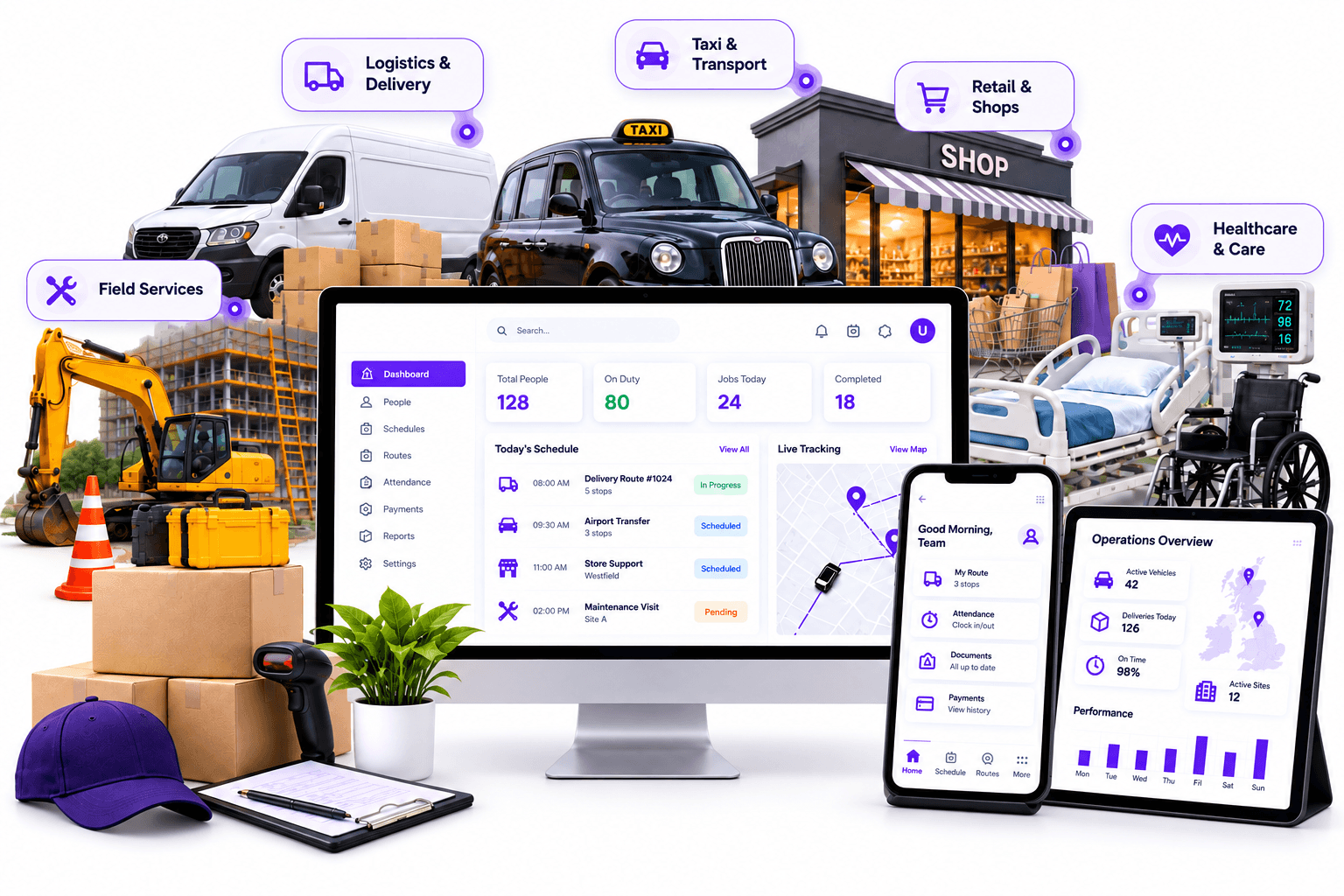 UdoDrop dashboard and mobile app for logistics, transport, retail, healthcare, field services, construction and manufacturing