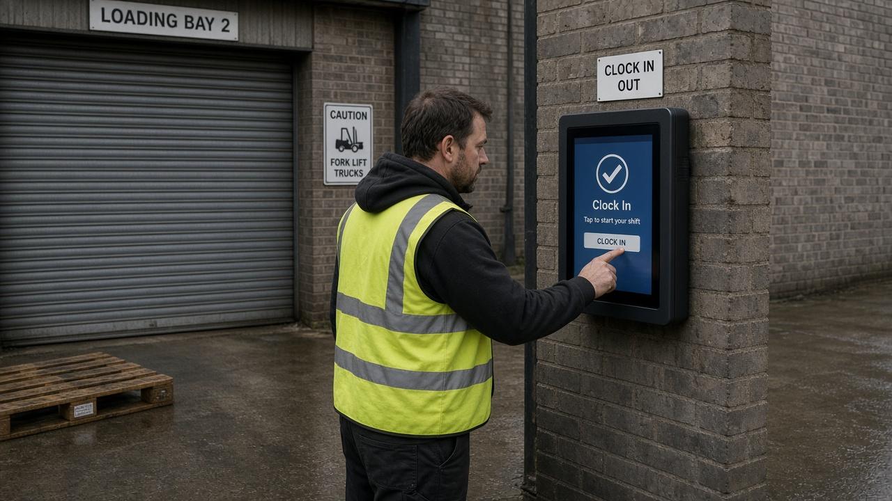 Warehouse worker in high-vis clocking in on a wall-mounted tablet at a UK loading bay