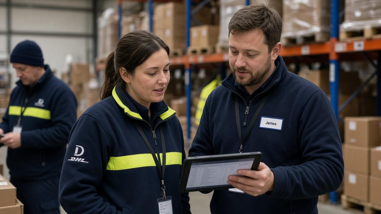 Two warehouse coworkers reviewing a tablet together in a UK logistics hub