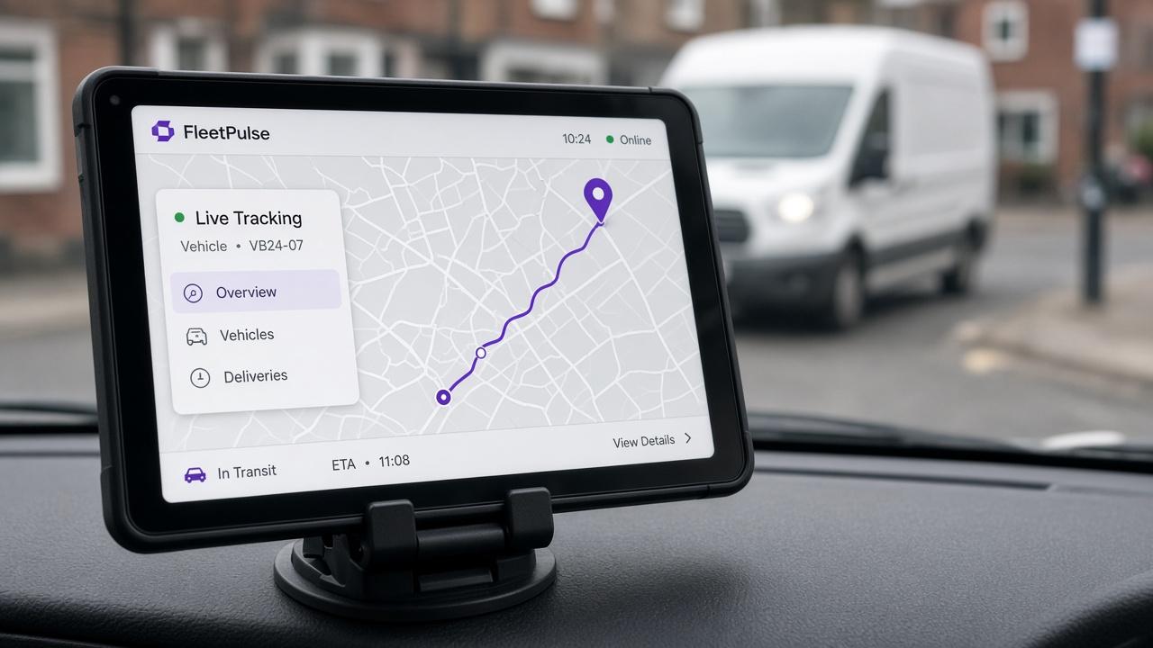 Dashboard tablet showing live delivery tracking with a UK street and van in the background