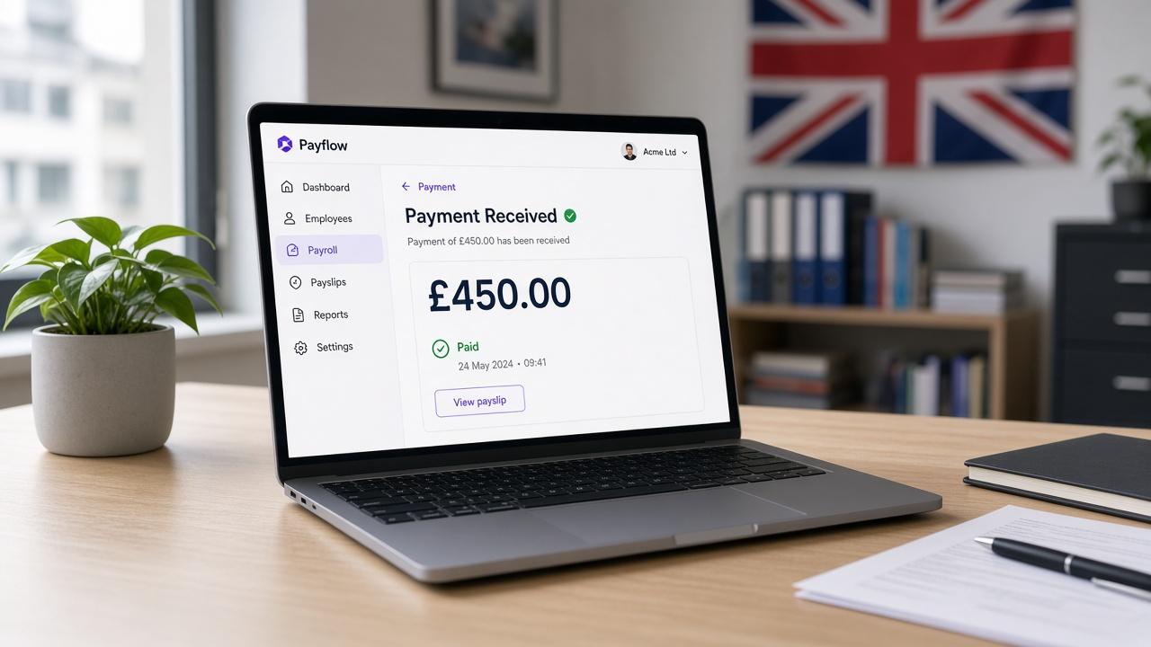 Laptop on an office desk showing a payroll payment received confirmation of £450.00