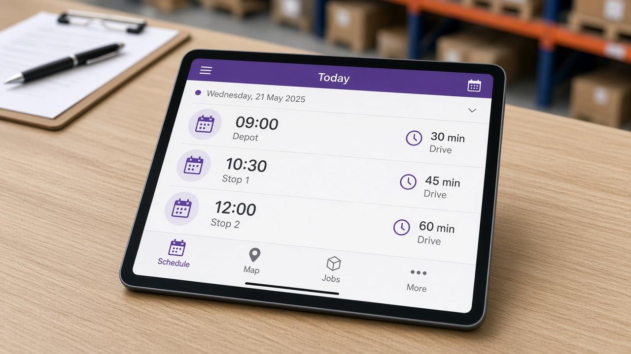 Tablet on a logistics desk showing a daily schedule and route planning interface