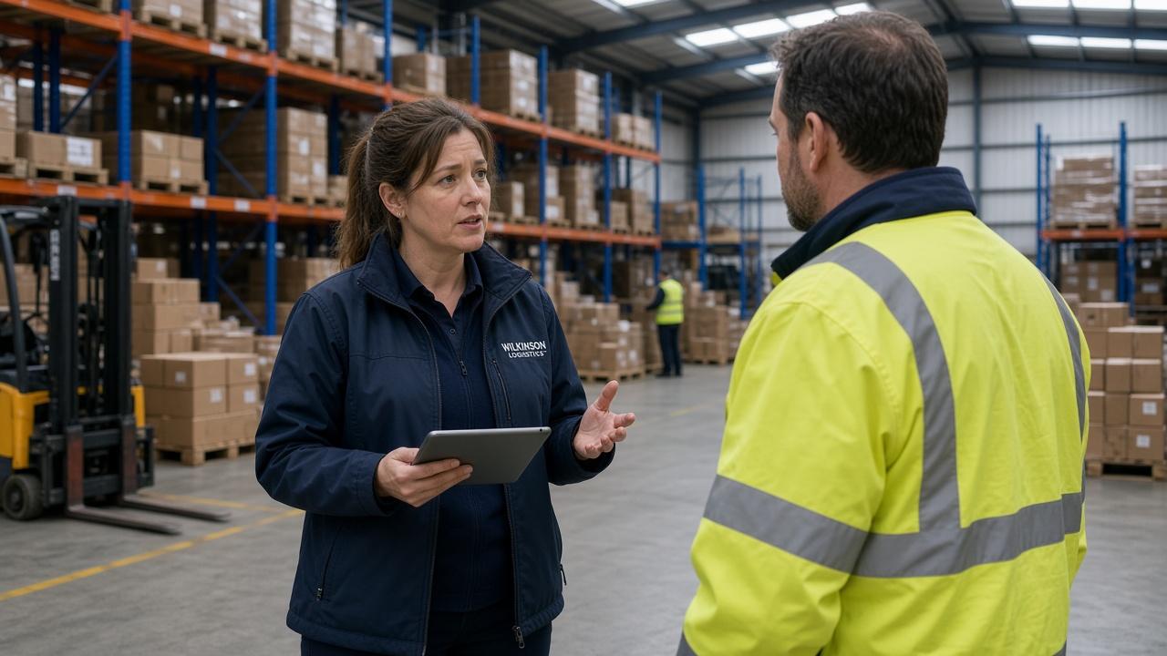 Operations manager coordinating staff in a UK warehouse with high-vis workers and forklift in the background