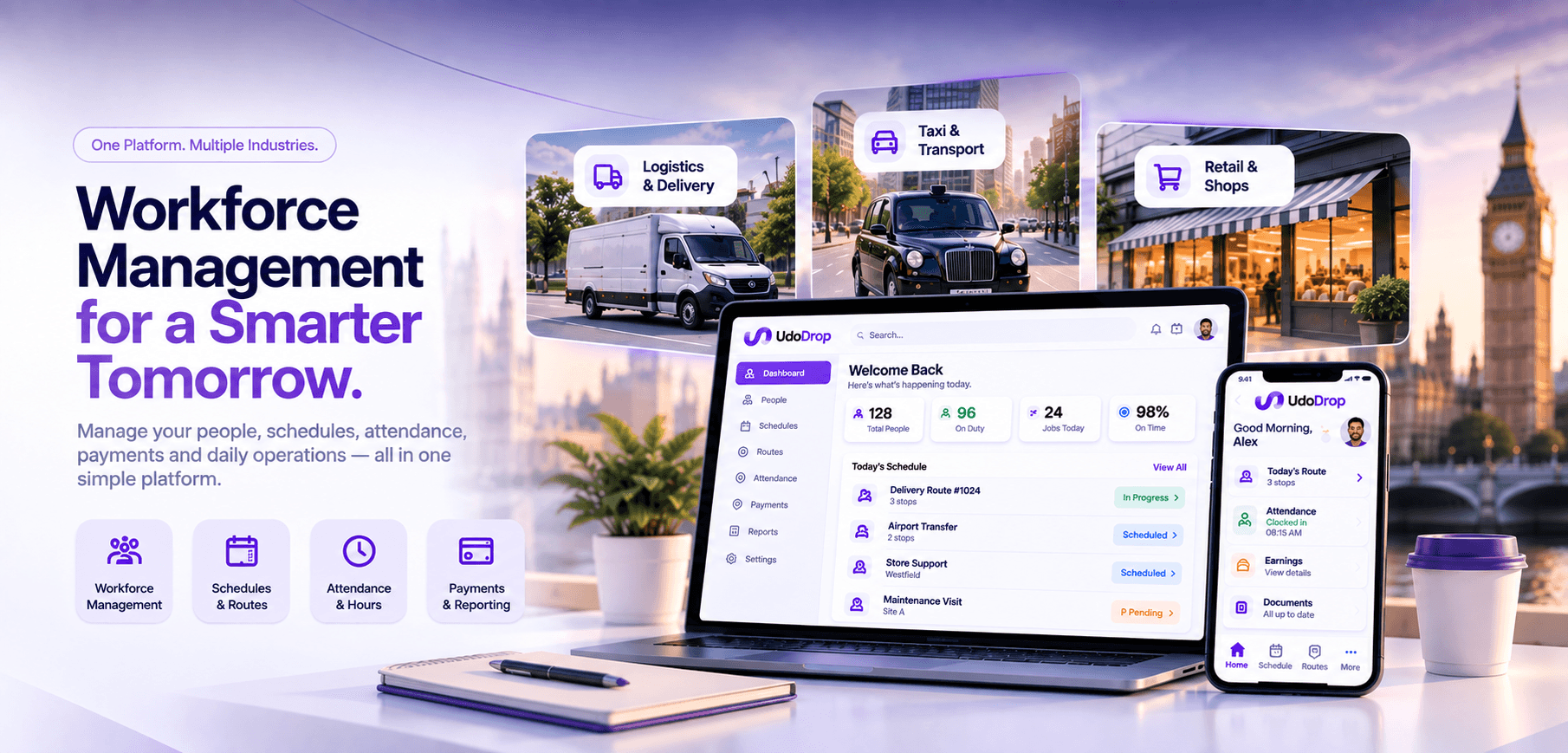 UdoDrop workforce management hero — laptop and mobile app with industry teams across logistics, taxi, retail, field, healthcare and hospitality