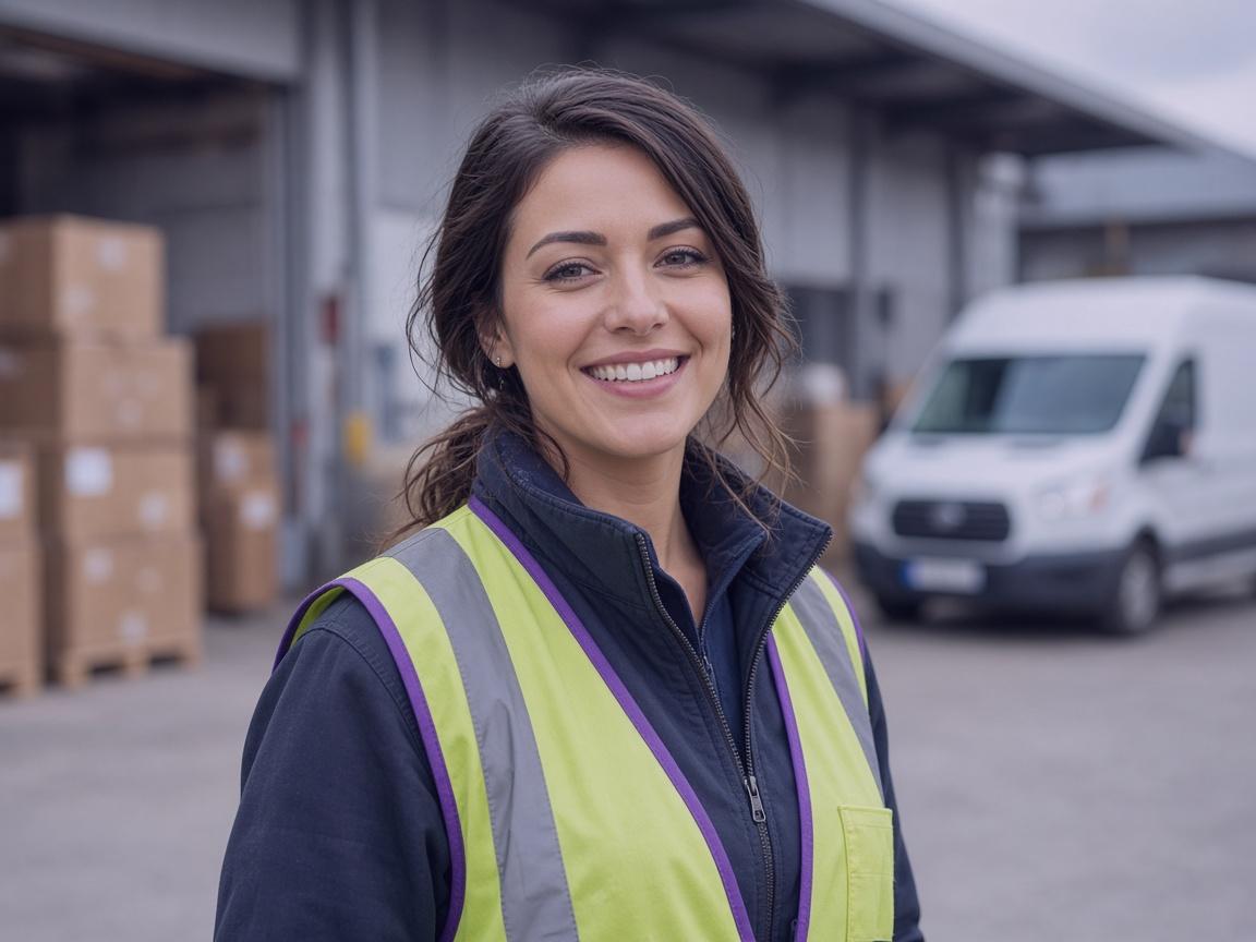 Female delivery professional in a modern warehouse